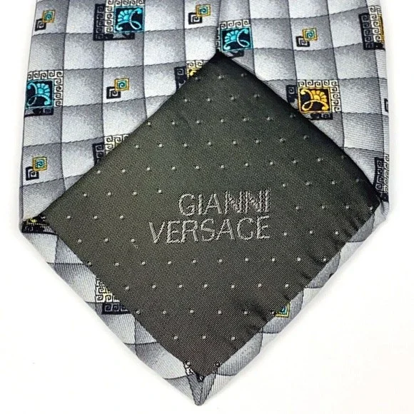 GIANNI VERSACE Vintage 90s Tie Baroque Flower Medusa Grey Squares Plaid Necktie - Picture 4 of 12
